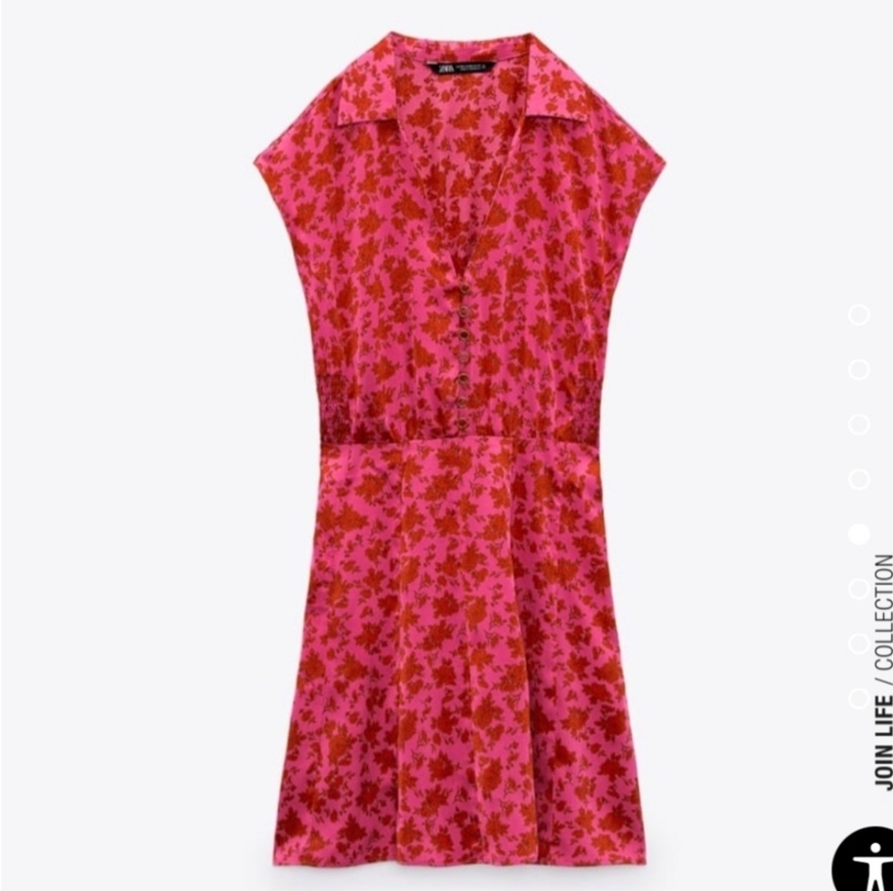 NWOT Zara Satin Effect Pink & Red Floral Print Mini Dress - Women's Medium - Picture 3 of 12